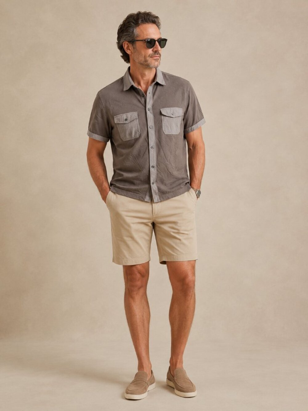 Banana Republic Luxury Touch Resort Shirt Short Sleeve Taupe Grey Medium #A2570